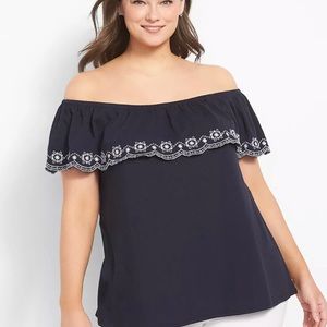 On or off shoulder ruffled and embroidered top
